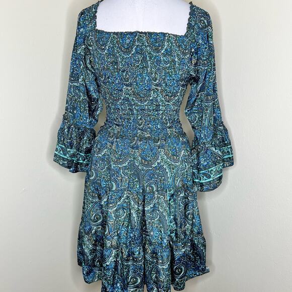 OPC Dress XS/S Womens Paisley Blue Bell Sleeve Smocked Pleated Boho A-Line Green - Picture 3 of 9